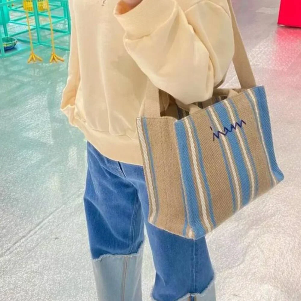 Marni Striped Raffia Tote Beige Blue Woven Crossbody Summer Bag Designer Tote - Picture 2 of 8